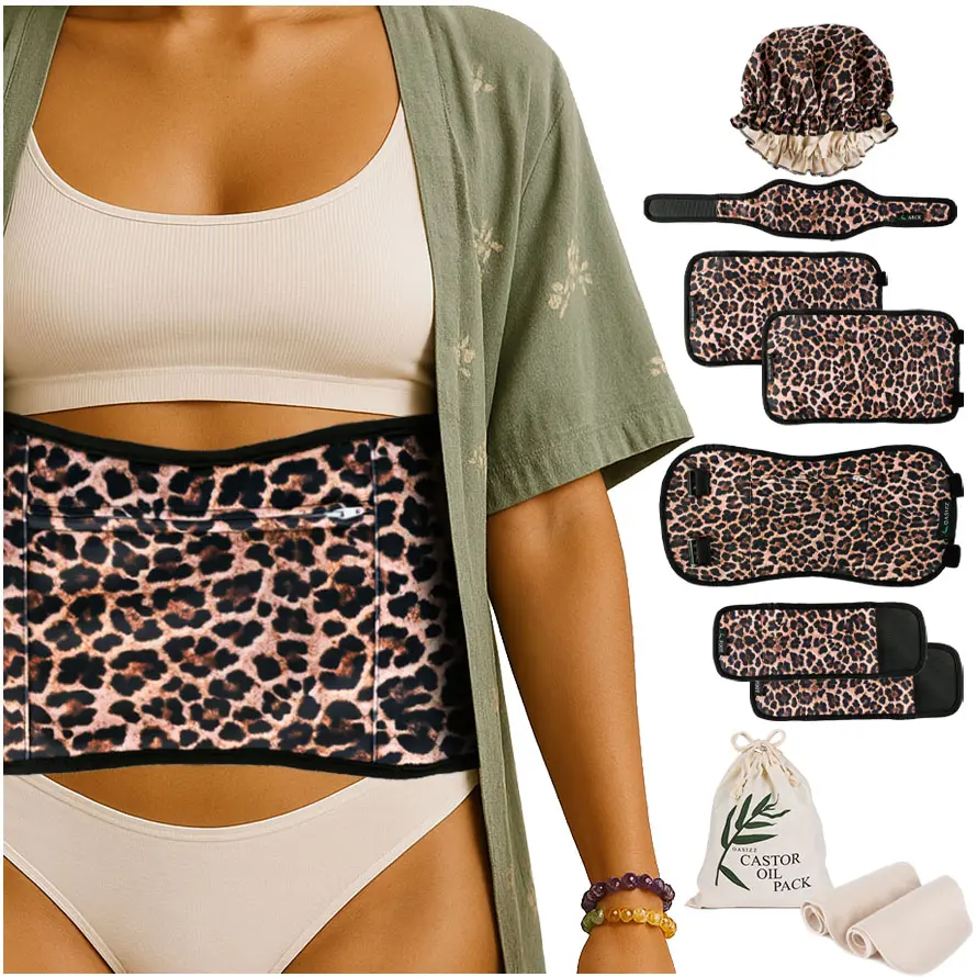 Reusable Castor Oil Pack Wrap Kit 10-Piece (S-5X), Sleek Cheetah Fabric Hides Stains, Plush Cotton Interior, Leak-Resistant Design, Adjustable, Soft Pads & Much More Included | Indulge in Self-Care