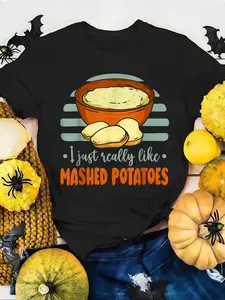 100% Cotton Women T-shirt Thanksgiving Mashed Potatoes Lover T-Shirt  Print Round Neck Short Sleeve T-Shirt For Women Casual, Summer, Women Top Graphic Tees Women Tops