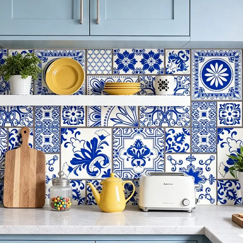 Blue White Moroccan Tile Peel and Stick Backsplash, Removable Heat Resistant Waterproof Oilproof Contact Paper, Bohemian Home Decor Kitchen Sticker for Stove Cabinets Countertop 40×500cm 15.8×196.85in
