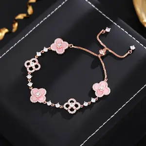 Four-leaf clover pendant bracelet, adjustable sliding chain, inlaid with zircon and shell