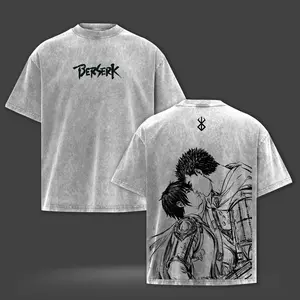 Berserk Guts x Casca Kiss Scene Vintage Washed Oversize Heavyweight Cotton Anime Graphic T-Shirt Tee | Dark Romance Manga Panel Streetwear Top