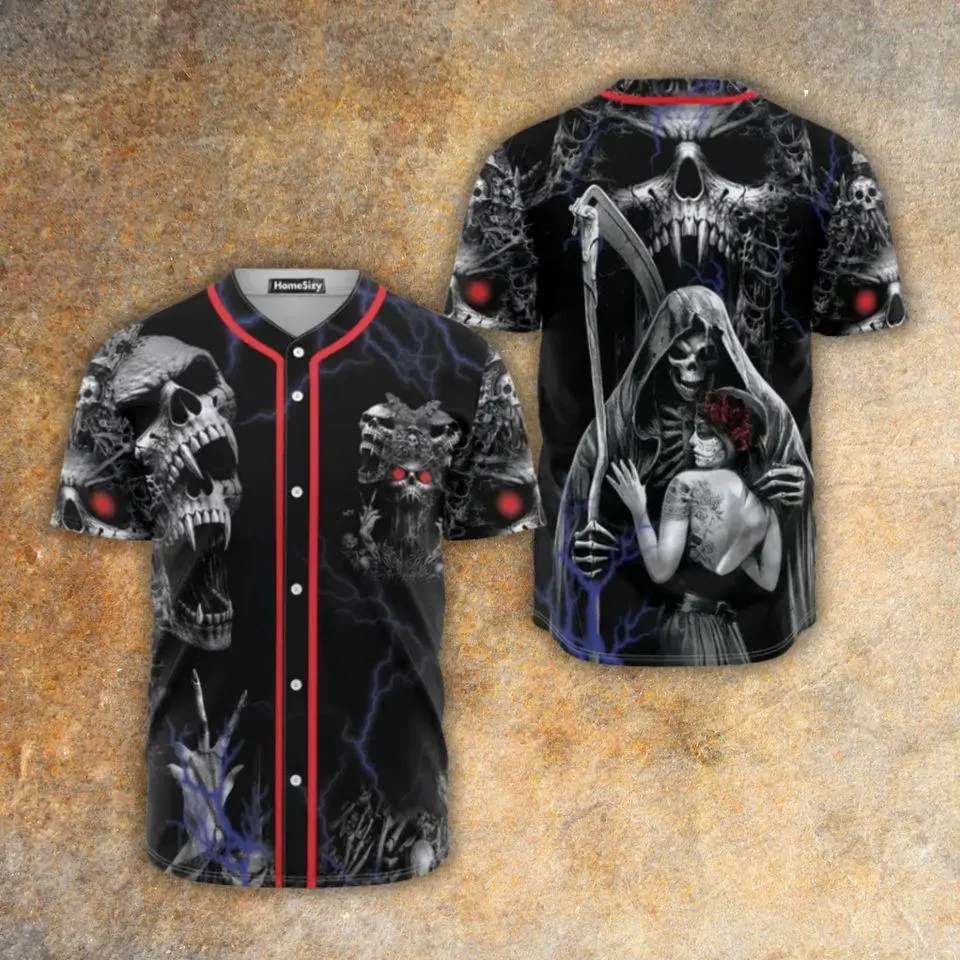 Grim Reaper Baseball Jersey, Gothic Skull Couple 3D Horror Tee