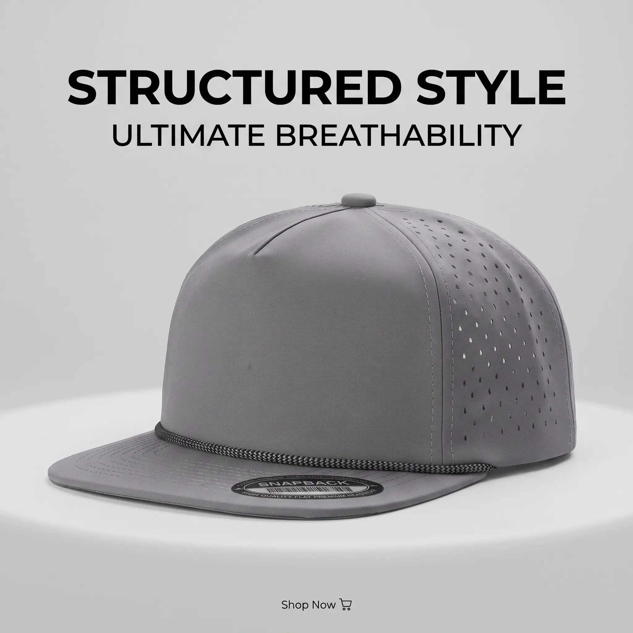 Black Flat Brim Snapback Hat - Laser Perforated Side Vents, Decorative Rope, Water-Resistant, Quick-Dry Performance, Adjustable, Universal, Blank for Custom Embroidery - Men’s Golf/Fishing Outdoor Sports Cap
