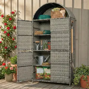 Weather-Resistant Rattan Vertical Storage Shed for Pool & Garden
