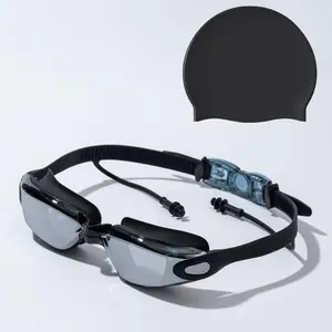 Adult Swimming Goggles & Cap Set, Anti-Fog Waterproof Swim Gear with Ear Plugs, Adjustable UV Protection for Pool Beach Training, Swimming Accessories