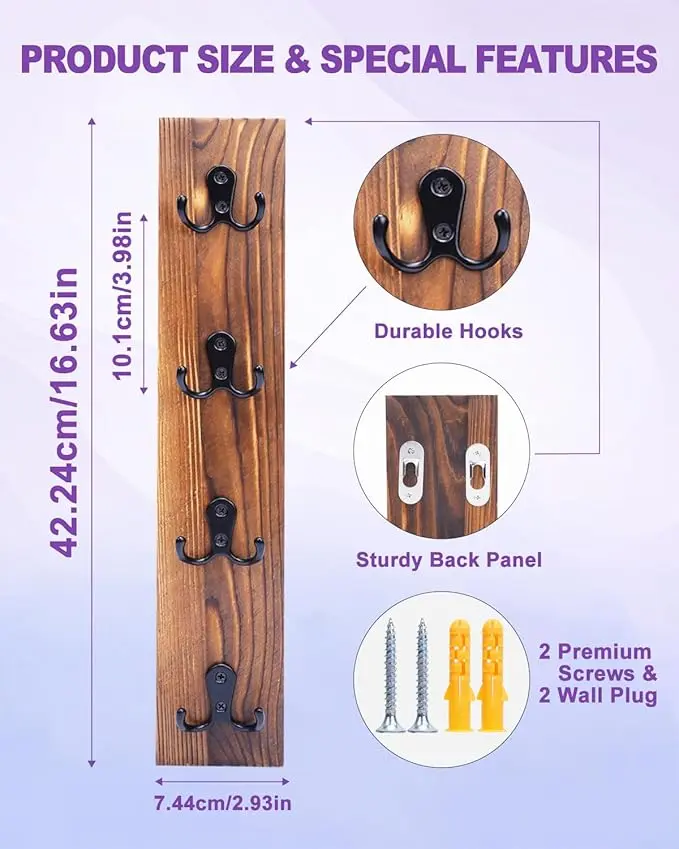 Vertical Key Holder Wall Mount with Hooks, Space-Saving Wooden Key Holder for Wall, Easy Install Home Organizer for Keys, Wallets, Pet Leashes – Perfect for Living Room Decor, Entry, Garage