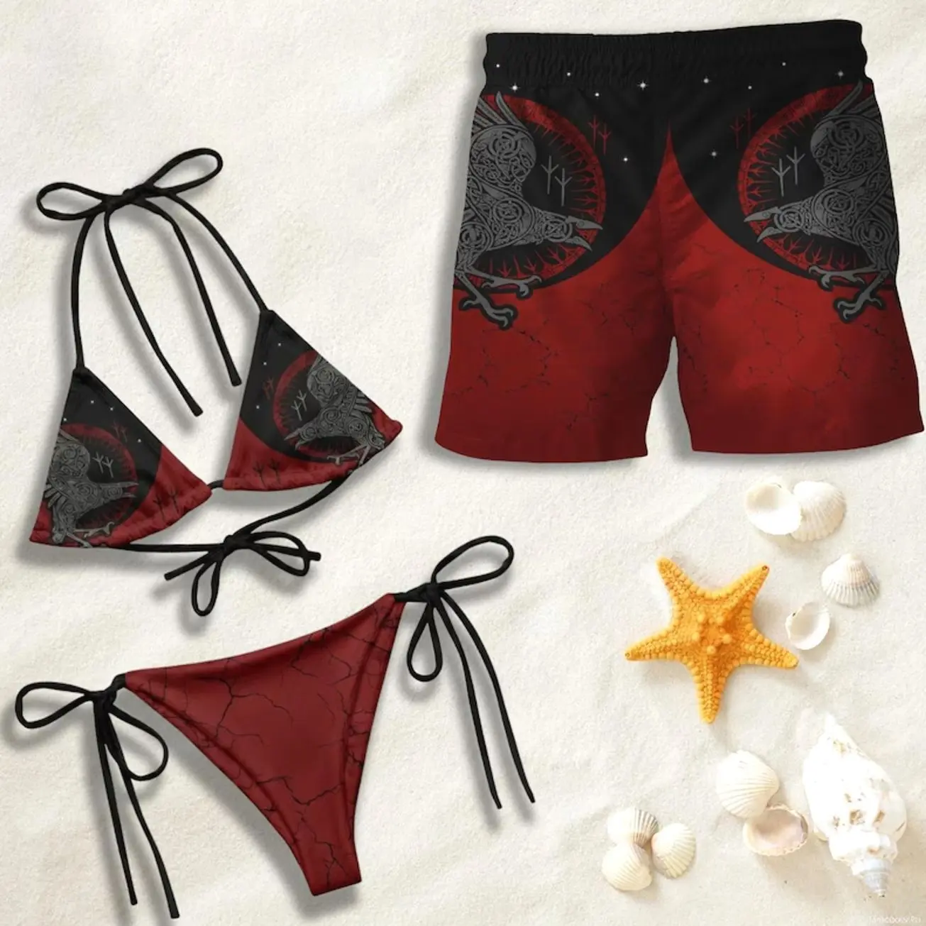 [HOT SWIMWEAR] Viking Raven Print Couple Matching Swimwear Set - Women's Black-Red 2-Piece Breathable Fit Bikini, Men's Shorts with Tropical Beach Fabric