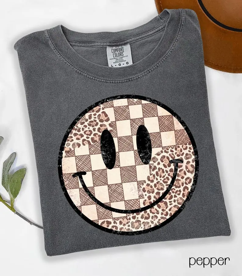 Comfort Colors Retro Smiley Face T-shirt, Leopard Print Shirt, Checkered Smiley Face Shirt, Gift For Her, Women's T-shirt, Smiley Face