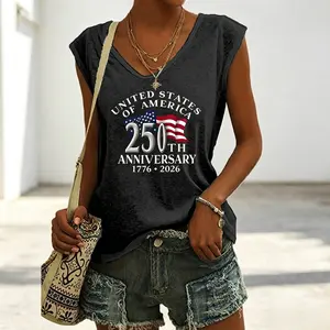 Casual Vneck Sleeveless White Tshirt with American Flag 250th Anniversary Print, Perfect for Home, Outdoors, or Gifting| Ideal for Valentine's Day, and More