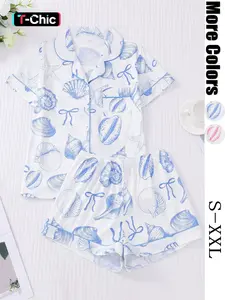 Women's All Over Print Button Front Top & Elastic Waist Shorts Pyjama Two-piece Set, Casual Comfy Short Sleeve Top & Shorts Pj Set, Ladies Sleepwear & Loungewear for All Seasons