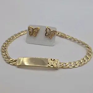 BUTTERFLIES fashion set ID BRACELET Cuban link WITH EARRINGS beautiful clear stone's style GOLD-PLATED 8"inches