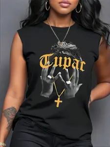 Women's Summer Casual Loose-Fit Knitted Vest Tank Top, Womenswear Hand & Tupac Letter Print, Soft Comfortable Home Essential, Perfect for Daily Wear