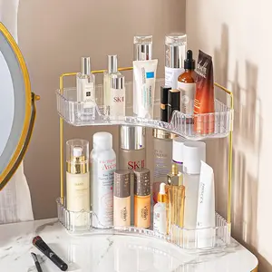 2-Tier Corner Makeup Organizer for Vanity, Aesthetic Bathroom Countertop Shelf for Perfume & Skincare Storage, Space-Saving Vanity Tray,White