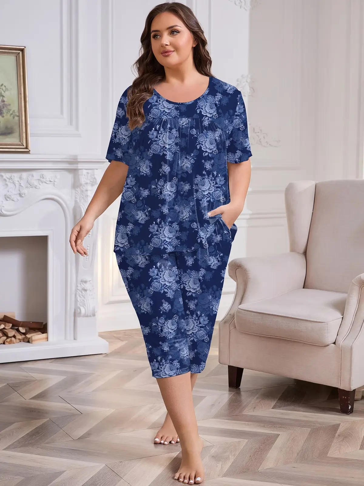 FEREMO Plus Size Floral Pajama Set for Women – Soft Breathable Loungewear with Pockets, Short Sleeve Top & Capri Pants Comfy Sleepwear,Comfy Pajamas for Lounging at Home