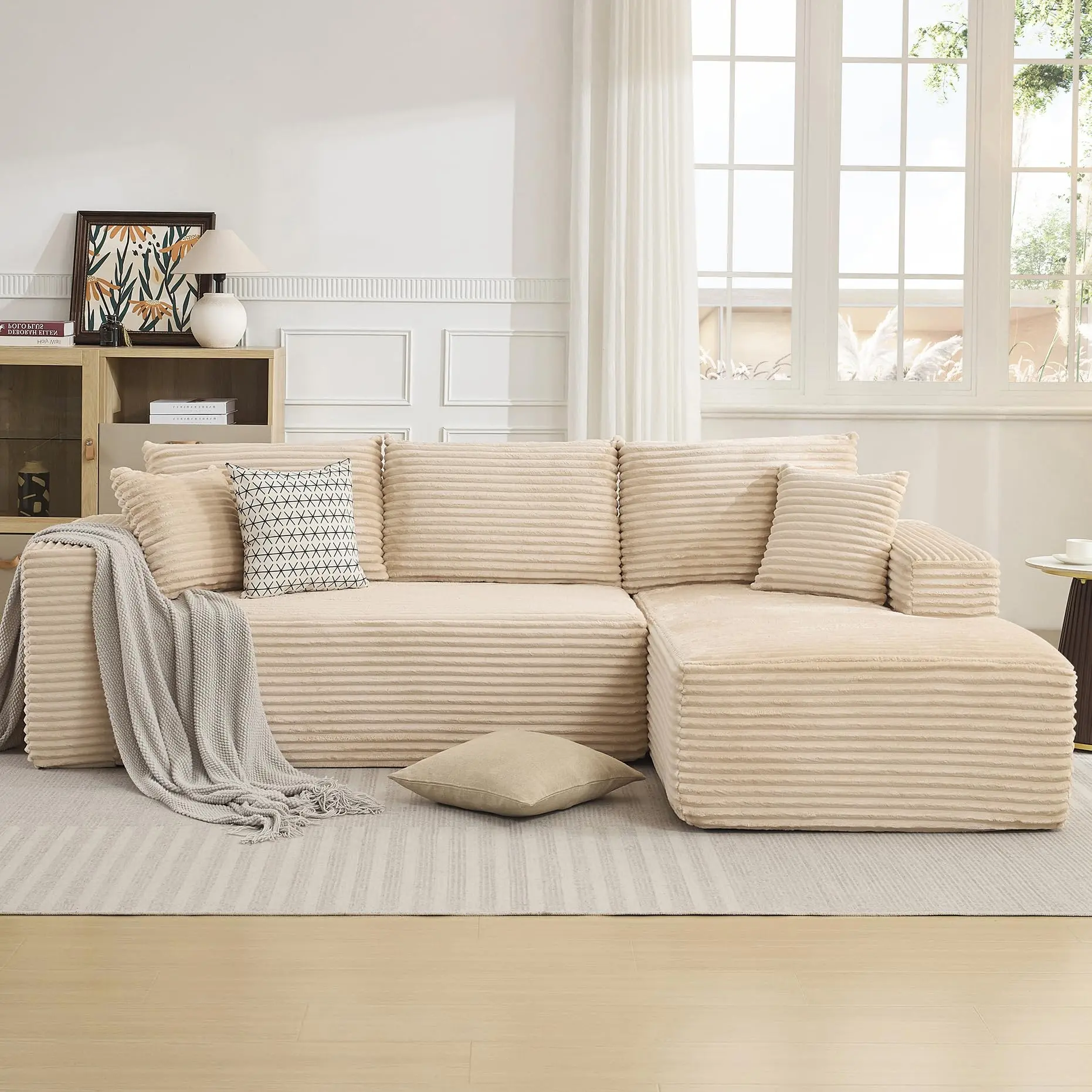 108" Beige Corduroy L-Shaped Cloud Sectional Couch - 2-Seater+Right-Facing Chaise, Extra Deep Seats, No-Assembly Modern Modular Sofa with Removable Covers, Rounded Corners, 5 Throw Pillows, 2-Box Packaging, Kid-Friendly for Living Room Movie Nights