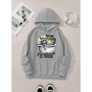 Women’s off-shoulder hoodie with raccoon and letter print; fashionable casual drawstring hoodie with pocket; suitable for daily wear, vacations, and outdoor activities; spring and autumn women’s wear; drawstring hoodie top. GARMENTARY