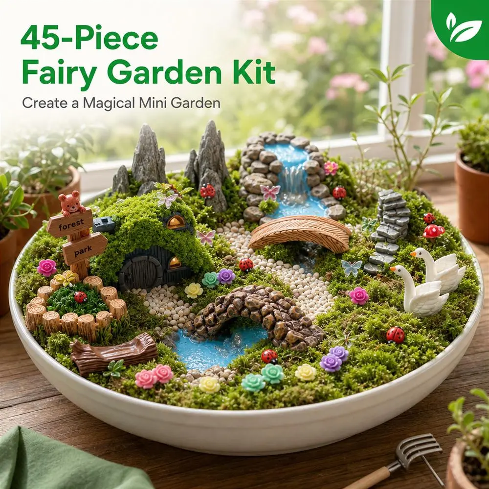 45-Piece Weatherproof Mini Fairy Garden Bulk Set - Resin Bridge, Pond, House, Animal Figurines - Complete Kit for Dollhouse Crafts, Terrariums - Gift Idea