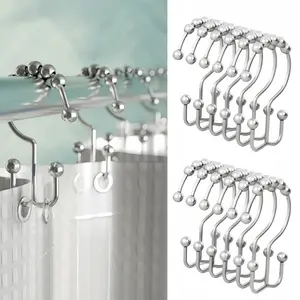 LMMAKE Rust-Resistant Shower Curtain Hooks 12Pcs Premium Metal Double Glide Rings for Smooth Curtain Movement Anti-Rust Anti-Corrosion Stainless Steel Durable Retro Design Thick 304 Steel