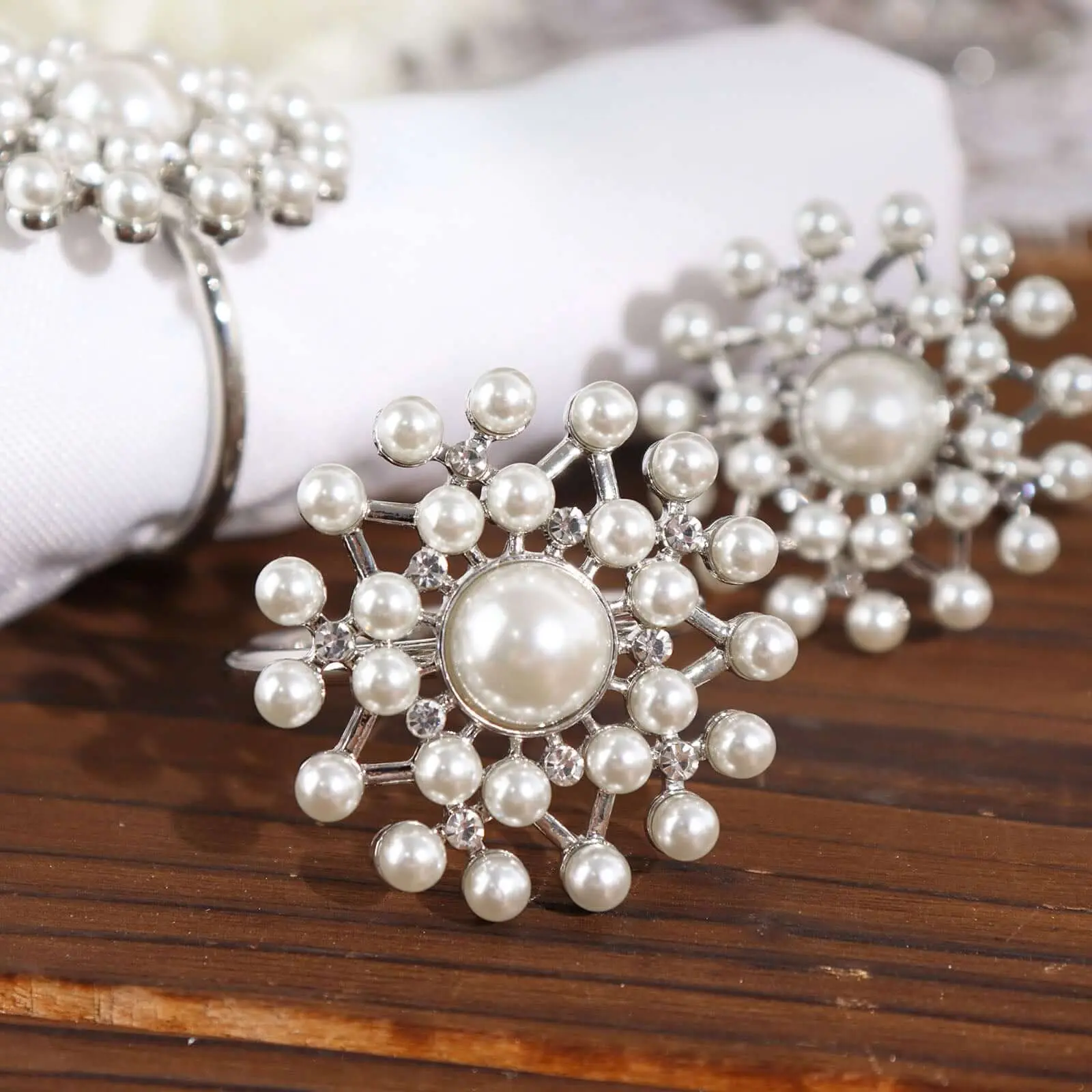 Silver Metal Napkin Rings (4-Pack) - Pearl, Diamond Rhinestone, Flower Shape Decorative Holders for Home, Dinner Party, Bridal Shower, Wedding Reception Tableware, Cutlery