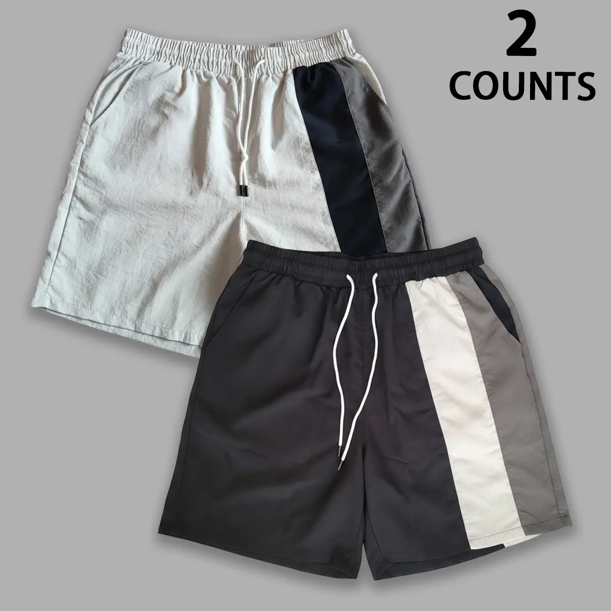 Men's 2-Piece Patchwork Shorts Set - Loose Cut, Minimal Urban Silhouette, Monochrome Contrast, Above-Knee Length, All-Day Comfort for Daily Errands, Casual Hangouts