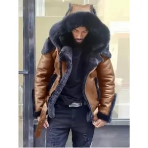 Faux Leather Shearling Coat Hooded Short Design Fleece Lined Thickened Men's Winter Jacket Menswear Cotton Blend EB8815277