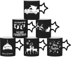 Bruntmor Star Handle Black Coffee Mugs - Set of 6 Large 14oz Cups for New Year & Holidays! Perfect for Hot Chocolate & DIY Gift Sets. Add some fun to your festivities!