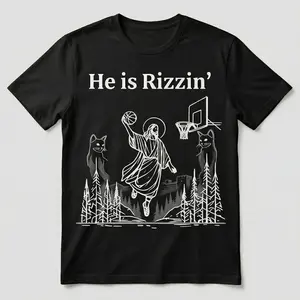Funny He Is Rizzin' Men's T-Shirt 180g Pure Cotton Casual Jesus Basketball Graphic Tee Cat & Forest Meme Print Top for Gen Z Teens S-5XL