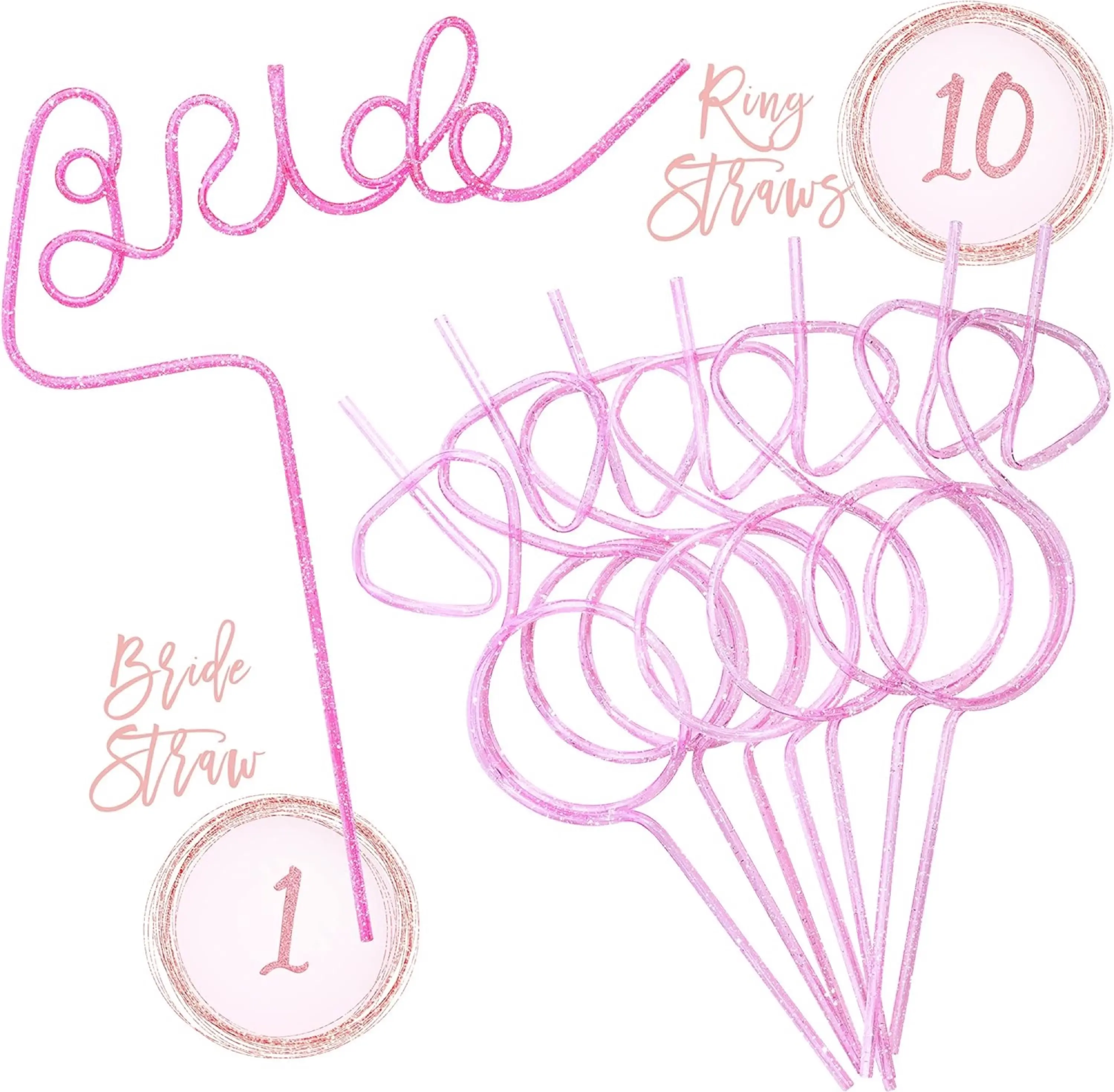 Effortless Events Bachelorette Straws, Reusable, Glitter Bachelorette Party Straws, Bride Straws for Bachelorette Party & Diamond Ring Straw (11 pack) Disposable Drink