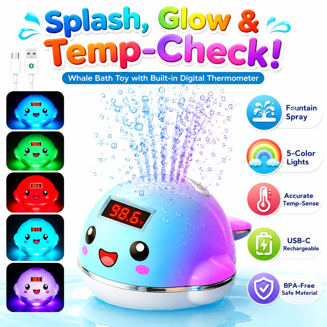 Baby Bath Toy Sprinkler with Thermometer, Temp Alarm & Backlit BPA-Free | CPC Certified for Safety, Light Up Whale Bath Toy for Kids Ages 1-3, Bathtub Water Toys for Toddler, Newborn