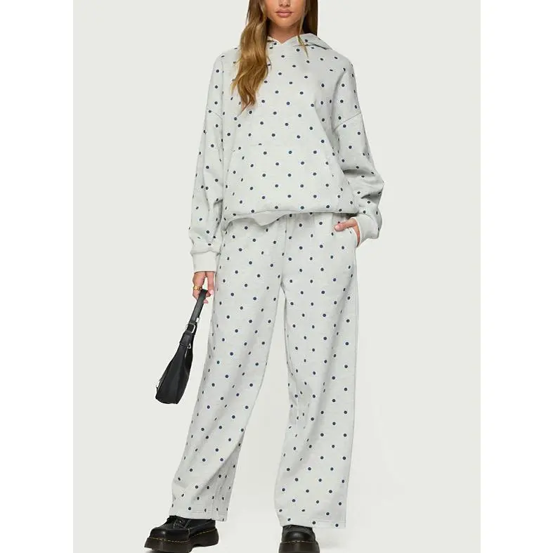 Chic Polka Dot Set Womens Long Sleeve Oversized Hoodie Tops Wide Leg Sweatpants Casual Tracksuit Preppy Girls Outfits, effortless layering, chic everyday, refined casual, versatile piece
