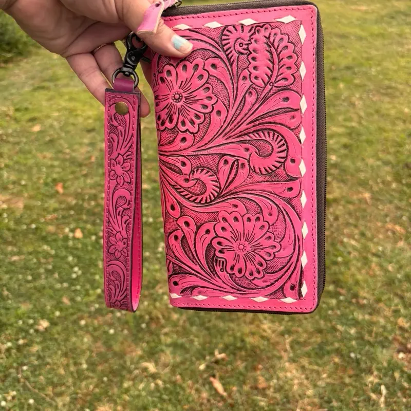 Tooled Pink Leather Full-Zip Wristlet Wallet