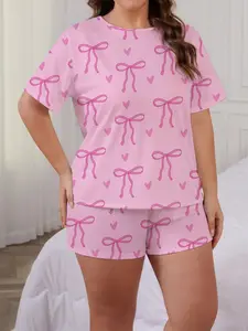 Women's Bow Heart Print Pajama Set, Comfortable Short Sleeve Round Neck Shirt & Loose Elastic Shorts, Casual All Season Home Wear