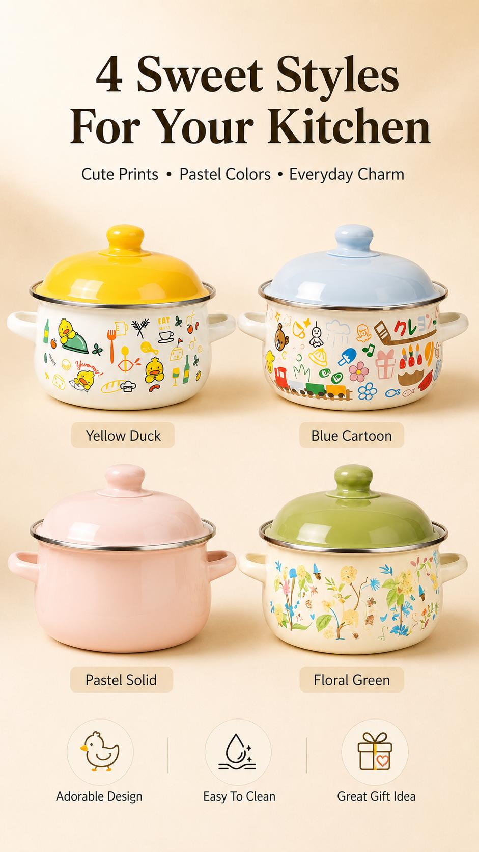 3 Piece Enamel Stock Pot Set 1L/1.5L/2.2L, Non‑Toxic Handcrafted Cookware, Multi‑Size Cute Cartoon Floral Pastel Cooking Pots, Heat Resistant Double Handles, Easy Clean Enamelware, Kitchen Essentials for Soup Stew Porridge Baby Food Family Cooking gift