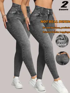 Women High-Waisted Stretchy Faux Printed denim leggings, Fake Buttons, no real Pockets, All-Season, Slim Fit, Breathable, Casual, Sporty, Stretchy Workout Leggings, Textured Leggings, Bottoms, leggings, imitation denim fabric