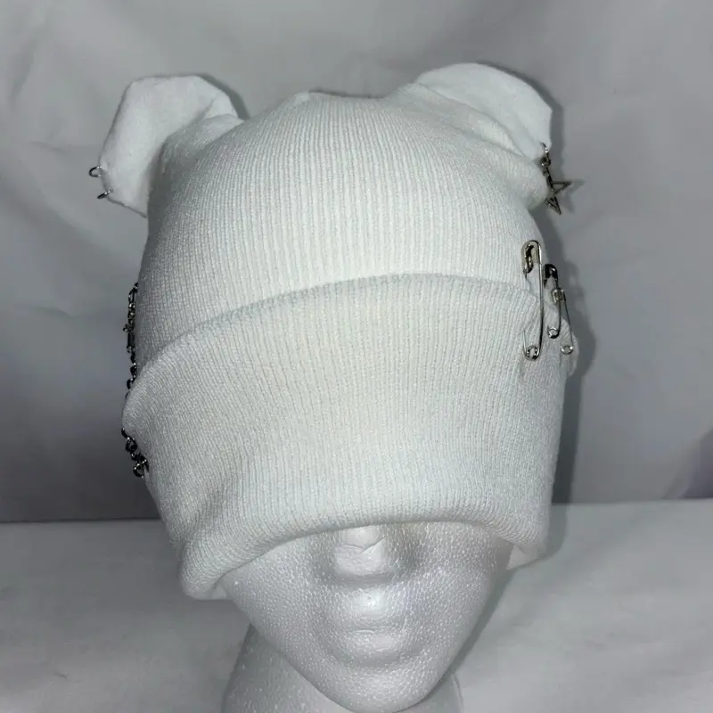 Bear Ear Beanie - White, Soft Knit Material, Decorative Bear Ear Patches, Casual Headwear Accessory