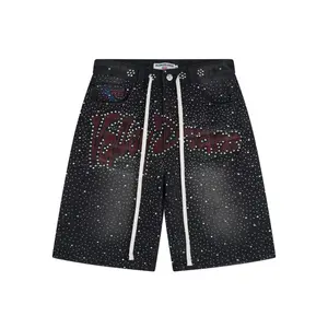 Full Rhinestone Shining Vintage Washed Baggy Denim Shorts Harajuku Y2K Streetwear Letter Embroidery Bling Diamond Loose Knee Length Hip Hop Casual Trendy Sparkly Distressed Jeans Shorts For Men Unisex