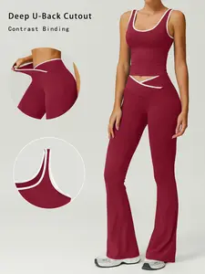 Women's Sport Yoga Set Colorblock Design Slimming Sleeveless Vest High Waist Bell Pants Two-Piece Set Comfortable Elastic Fitness Running Casual Wear