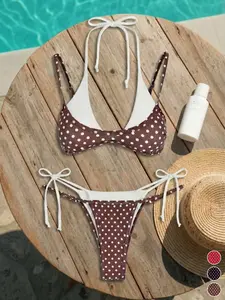 EDOLYNSA Polka Dot Bikini Halter Set Beach Vacation Swimwear Sexy Tie Side Swimsuit Halter Neck Bikini Sets K316 Beach Bathing Suit