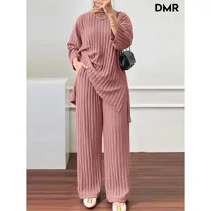 CHENGDEFA Long Sleeve Blouse Wide Leg Pants Sets Women Matching Sets Solid Islamic Clothing Muslim Tracksuit Outifits 2PCS
