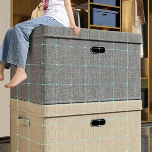 1/2 PCs High Quality Large Linen Foldable Storage Box with Removable Lid and Handle, Washable Storage Box Organizing Box Basket Cube with Lid, Suitable for Bedroom Wardrobe Office, Gray
