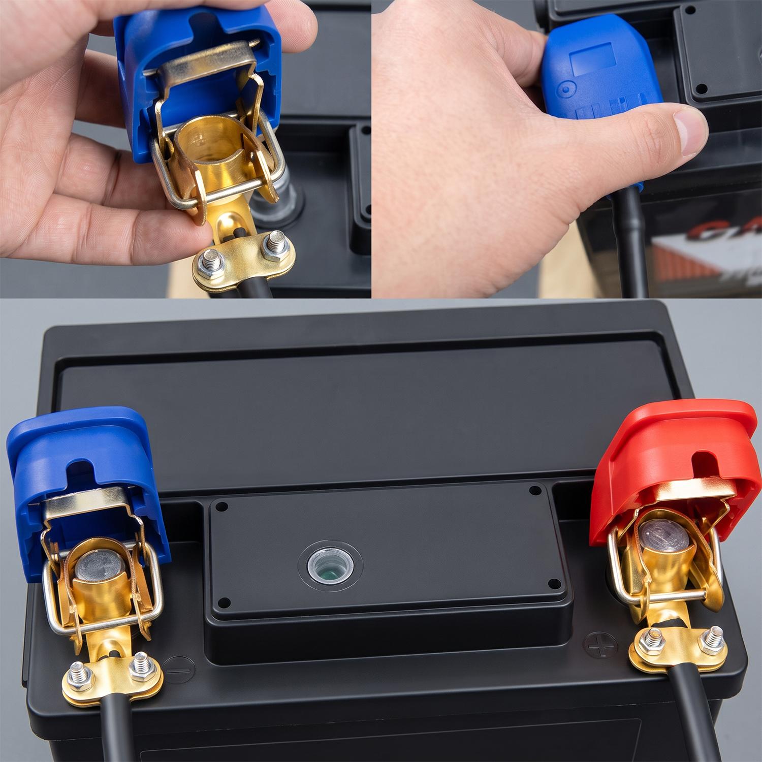 2 PCS Brass Metal Battery Terminal Connector Set - 12V/24V Rated Top Post Clamps with Red & Blue Covers, Quick Release Quick Disconnect Cable Ends for Cars, Trucks