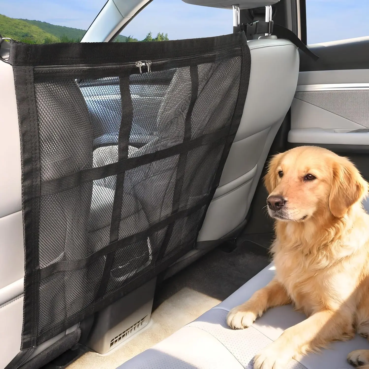 Dog Car Barrier with Storage Pockets, 2026 Upgrade Double-Layer Mesh Pet Divider, Breathable Universal Fit for Cars SUVs Trucks, Easy Install