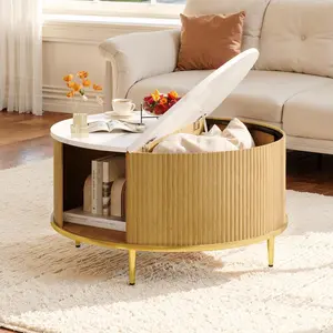 oneinmil Round Coffee Table for Living Room 31.5" Modern Oak Fluted Design with Storage Sliding Door Faux Marble Flip-Top Natural Finish