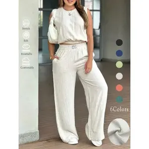 Two-Piece Set Women's Sleeveless Solid Color Tank Top & Elastic Wide Leg Pants Set, Casual Fashion Cozy Breathable Two-piece for Daily Outdoor Wear, Ladies Clothes for Summer, Matching Suits, Loose