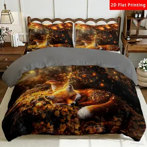 2/3 Pcs 2D Flat Enchanted Forest Themed Milk Velvet Duvet Cover Set Fox and Mushroom Bedding Set Quilt Cover 1 Duvet Cover + 1/2 Pillowcases Autumn Leaf Decorative Bedding Bedroom Decor The Preferred Pick for Bedding
