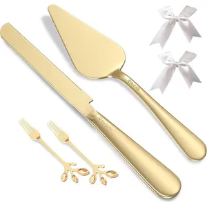 Wedding Cake Cutting Set, Elegant Gold Cake Cutter and Cake Server with Bonus Forks & White Bows, Extra Thick Stainless Steel Cake Knife and Server Set for Anniversary, Birthday, Baby Shower