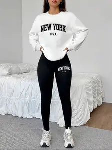 Women's 2-Piece Sweatshirt Set, New York Letter Print, Round Neck Long Sleeve, Fitted Bottoms, Casual Outfit Fall & Winter