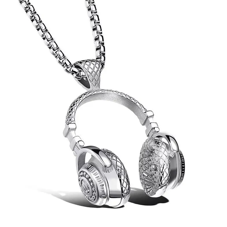 Unisex Titanium Steel Headphone Charm Pendant Necklace - Waterproof, Sweatproof, Fade-Resistant, Adjustable Silver Cuban Chain, Hip-Hop Style Jewelry Accessory (23.6" & 27.6" Chain Lengths, 1.57" Pendant Size) for Outdoor Fun