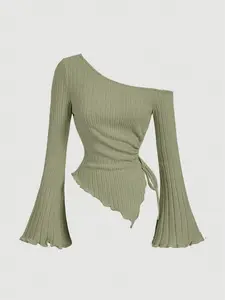 Women's Drawstring Asymmetric Hem Knit T-Shirt, Off-Shoulder Top, Autumn Casual Comfortable Fitted Tee.