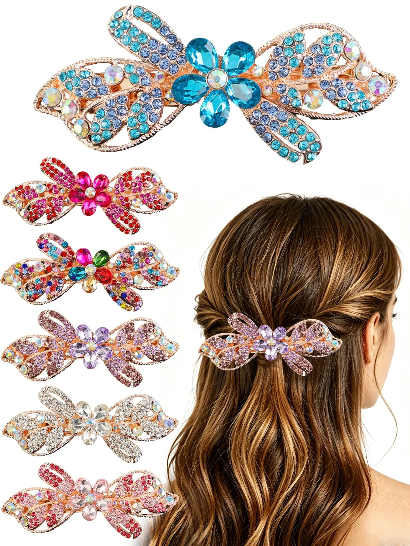 Luxury Glitter Sparkly Jeweled Gems Crystal Rhinestone Flower Hair Clip, Casual Style Accessory for Women & Girls, All-Seasons Use